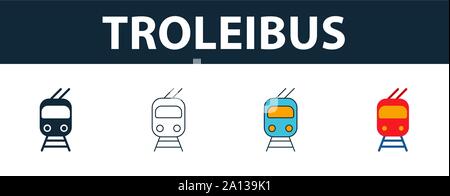 Troleibus icon set. Four simple symbols in diferent styles from transport icons collection. Creative troleibus icons filled, outline, colored and flat Stock Vector