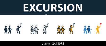 Excursion icon set. Four simple symbols in diferent styles from tourism icons collection. Creative excursion icons filled, outline, colored and flat Stock Vector