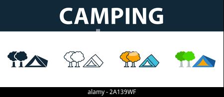 Camping icon set. Four simple symbols in diferent styles from tourism icons collection. Creative camping icons filled, outline, colored and flat Stock Vector