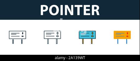 Pointer icon set. Four simple symbols in diferent styles from tourism icons collection. Creative pointer icons filled, outline, colored and flat Stock Vector