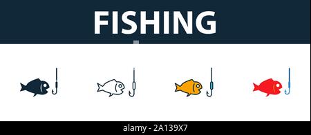 Fishing icon set. Four simple symbols in diferent styles from tourism icons collection. Creative fishing icons filled, outline, colored and flat Stock Vector