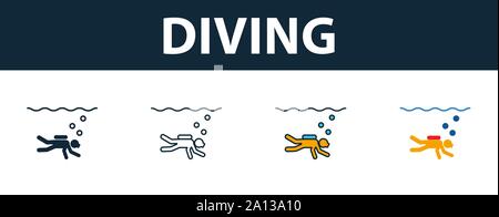 Diving icon set. Four simple symbols in diferent styles from tourism icons collection. Creative diving icons filled, outline, colored and flat symbols Stock Vector