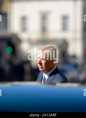 Westminster, London, UK. 17th September 2019. Prince Andrew, Duke of York leaves Sixty One Whitehall - prestigious event and conference venue in Westm Stock Photo