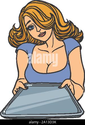 beautiful woman with an empty tray. Waiter service in a restaurant and bar. comic cartoon pop art retro vector illustration drawing Stock Vector