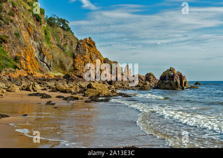 ROSEMARKIE TO CROMARTY WALK BLACK ISLE SCOTLAND LARGE YELLOW LICHEN CLAD SEA STACKS WITH WAVES BREAKING ON THE BEACH
