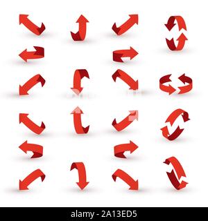 Red ribbon arrow set. Arrow stickerst various angles and directions. Stock Vector