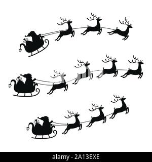 Collection sleigh with bag of gifts and reindeers, sled of Santa Claus. Christmas element with cute deers. Stock Vector