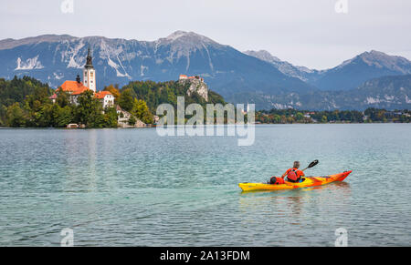 Kayaking on the Bled lake in Slovenia Stock Photo