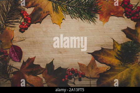 autumn background with colored leaves on wooden board Stock Photo