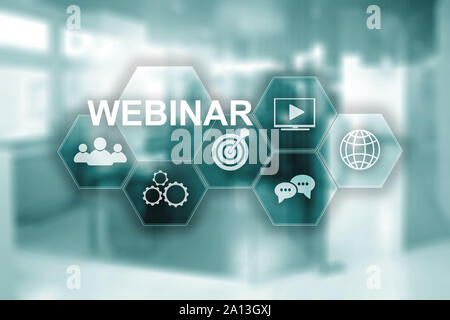 Webinar on virtual screen. Inscription on blurred office background Stock Photo