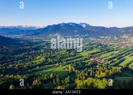 View from Sonntraten near Gaissach, Isartal, left Lenggries and Karwendel Mountains, middle Brauneck and Benediktenwand, Isarwinkel, aerial view