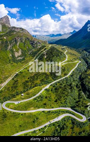 Drone shot, winding road, Silvretta high alpine road, Montafon, Vorarlberg, Austria Stock Photo