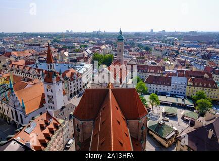 View of the Old Town, roof of St. Peter's Church, Old Town Hall and Church of the Holy Spirit, Munich, Upper Bavaria, Bavaria, Germany Stock Photo
