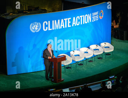 New York, USA,  23 September 2019.  UN Secretary-General António Guterres speaks at the opening of the UN Climate Action Summit 2019 at the United Nations headquarters in New York City.   Credit: Enrique Shore/Alamy Live News Stock Photo