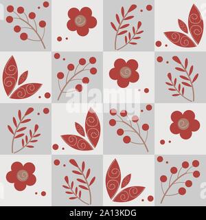 Seamless retro winter pattern with branches berries flowers and leaves - vector illustration Stock Vector
