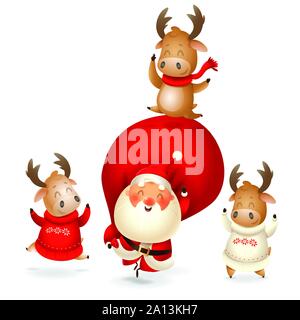 Santa Claus and Moose celebrate holidays - happy expressions - Merry Christmas and happy New year - isolated on transparent background Stock Vector