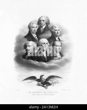 Portraits of Presidents George Washington, John Adams, Thomas Jefferson, James Madison, James Monroe, and John Quincy Adams. Stock Photo