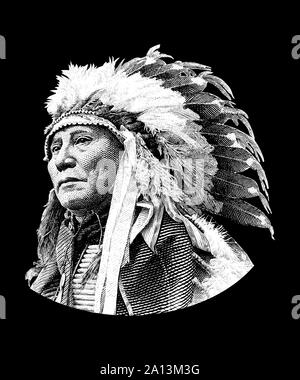Native American history design of Chief Hollow Horn Bear, a Brule Lakota leader. Stock Photo