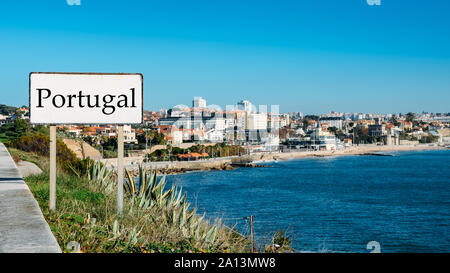 Sign entrance to the resort coastal city of Monte Estoril, near Lisbon, Portugal. Stock Photo