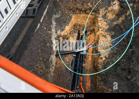 optical fiber cables laying construction site Stock Photo