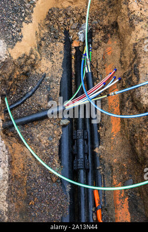 optical fiber cables laying construction site Stock Photo