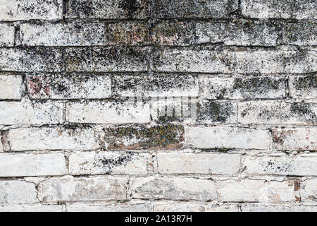 Old white brick wall background with cracks and moss Stock Photo