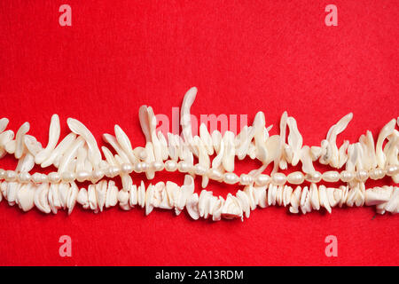 Pearl beads on a red background. Fashionable beads and pearls and shells. Stock Photo