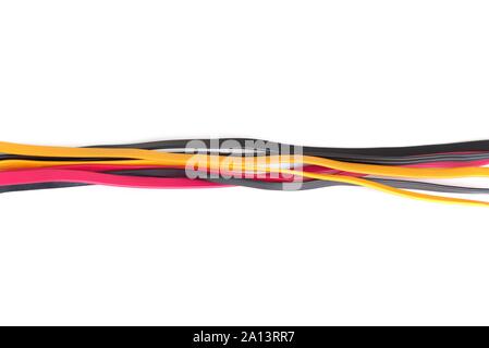 Red, black and yellow cables tangled across a white background. Network infrastructure, tech support abstract concept. Stock Photo