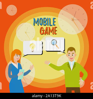 Text sign showing Mobile Game. Business photo text they are entertaining programs made to work on smart device Business Partners Colleagues Jointly Se Stock Photo