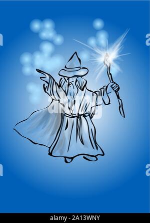 wizard on blue wizard waving his magic wand Stock Vector