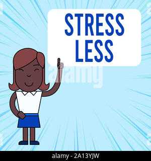 Text sign showing Stress Less. Business photo showcasing Stay away from problems Go out Unwind Meditate Indulge Oneself Woman Standing with Raised Lef Stock Photo
