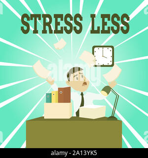 Text sign showing Stress Less. Business photo showcasing Stay away from problems Go out Unwind Meditate Indulge Oneself Confused Male Employee Manager Stock Photo