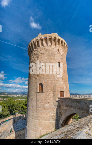 Donjon tower of Bellver Castle (Castell de Bellver) Gothic-style fortress used as military prison now Palma de Mallorca's History Museum Stock Photo
