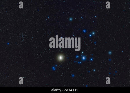 The Hyades star cluster, with bright yellow Aldebaran star. Stock Photo