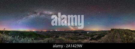 360 degree panorama of the arch of the Milky Way over the Red Deer River valley, Canada. Stock Photo