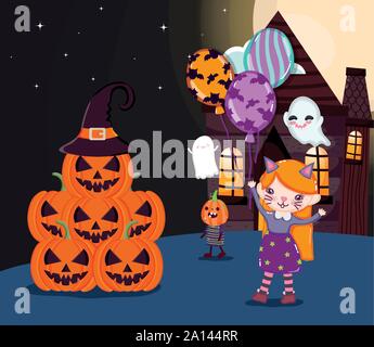 girl cat costume and stack pumpkins balloons ghost halloween image vector illustration Stock Vector