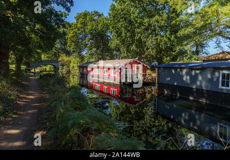 Red houseboat permanently moored on the banks of the Basingstoke Canal in the Woodham area of Woking, Surrey, southeast England, UK Stock Photo