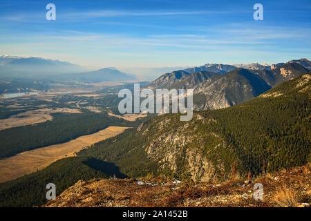 The landscape view of the Columbia Valley from Swansea Mountain near Invermere British Columbia Canada in fall autumn Stock Photo