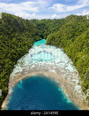 Aerial view of a beautiful limestone island and fringing reef in Raja Ampat, Indonesia. Stock Photo