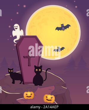 black cats and coffin trick or treat - happy halloween vector ...