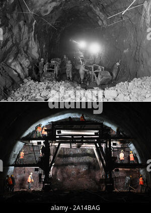 (190924) -- BEIJING, Sept. 24, 2019 (Xinhua) -- Top: File photo taken in 1982 shows officers and soldiers of former railway corps of the Chinese People's Liberation Army (PLA) working at the construction site of a water diversion project to send water from the Luanhe River into north China's Tianjin.Bottom: Photo taken on May 25, 2019 shows staff members of China Railway 18th Bureau Group Co., Ltd., whose predecessor was the 8th Division of Railway Corps of the PLA, working at the Dajianshan tunnel of Yuxi-Mohan railway in southwest China's Yunnan Province. In 1949 when the People's Republic o Stock Photo