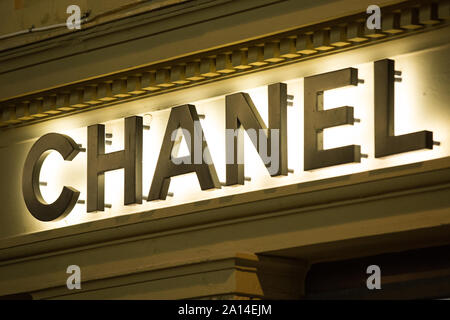 CHANEL logo seen in Gothenburg.Chanel S.A. is a high fashion house that specialises in haute couture, ready-to-wear clothes, luxury goods  and fashion accessories. Stock Photo