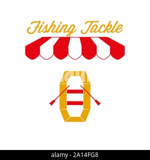 Fishing Tackle Shop Sign, Emblem. Red and White Striped Awning Tent. Inflatable Boat Icon. Gold and Red Colors. Flat Vector Illustration. Stock Vector