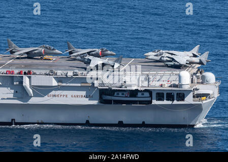 Italian Navy AV-8B aircraft onboard Giuseppe Garibaldi light aircraft carrier. Stock Photo