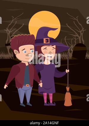 halloween dark scene with disguised people Stock Vector