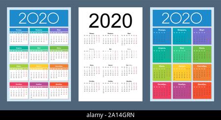 Calendar 2020 design Vector Set vertically. Russian language. Week starts on Monday. Saturday and Sunday highlighted. Isolated vector illustration. Stock Vector