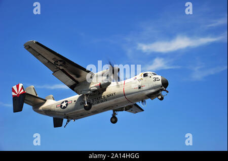 An E-2C Greyhound flying over the South China Sea. Stock Photo