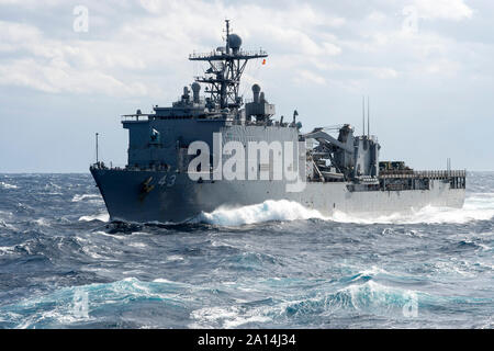 USS Fort McHenry prepares for an underway replenishment. Stock Photo