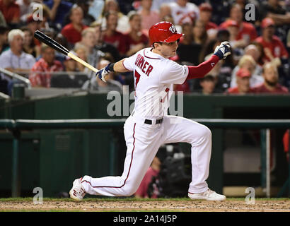 Landover, Maryland, USA. 23rd Sep, 2019. Washington Nationals Trea Turner connects for a single against Philadelphia Phillies in the fifth inning at Nationals Park in Washington, DC on Monday, September 23, 2019. Photo by Kevin Dietsh/UPI Credit: UPI/Alamy Live News Stock Photo