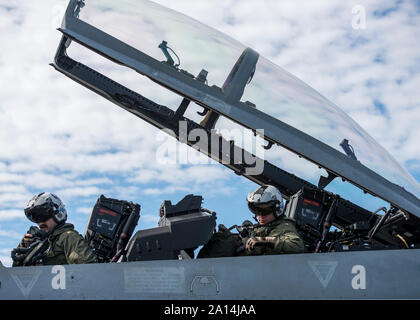 Pilots conduct a pre-flight check in an EA-18G Growler. Stock Photo